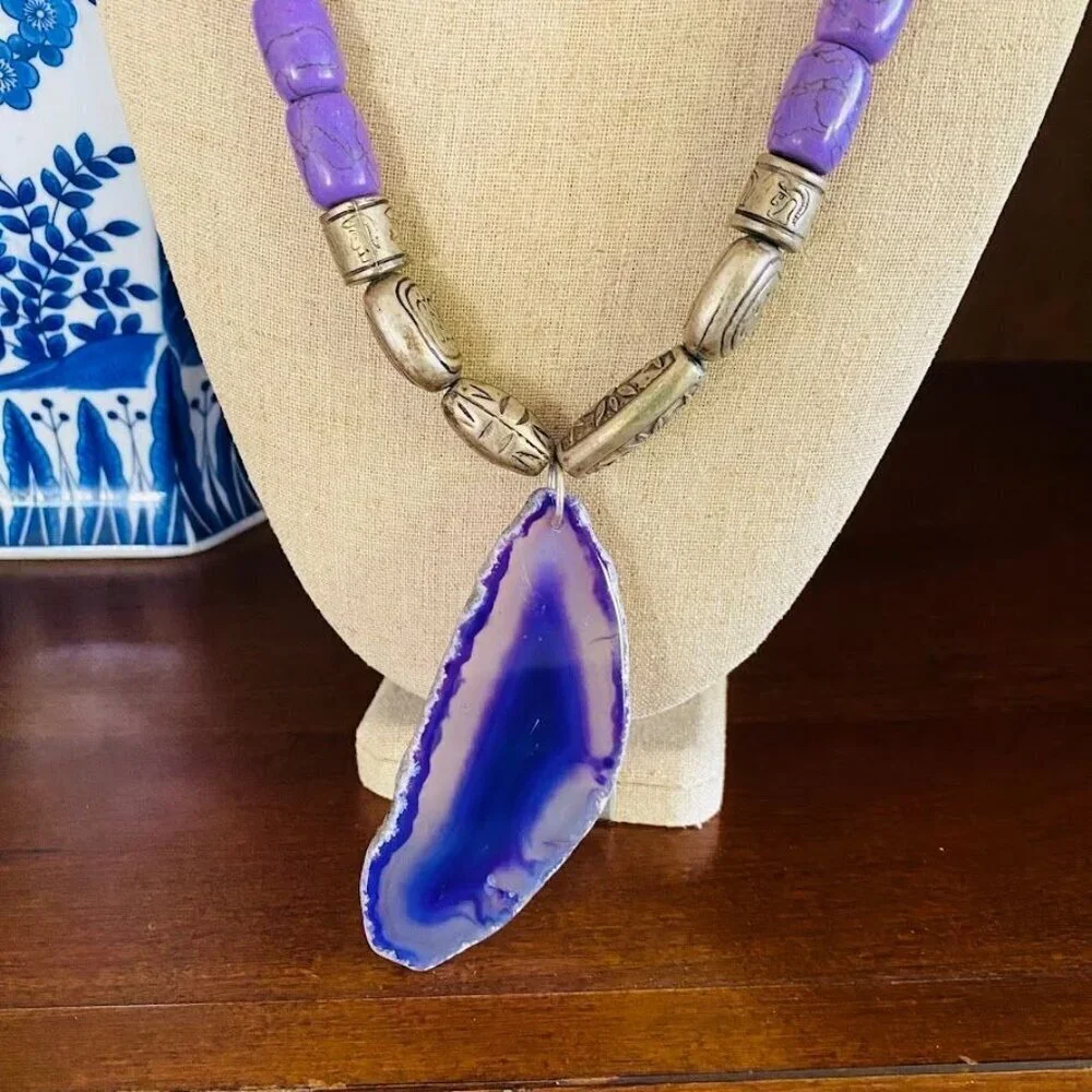 Polished Purple Agate Slice Pendant and Howlite Beaded Necklace